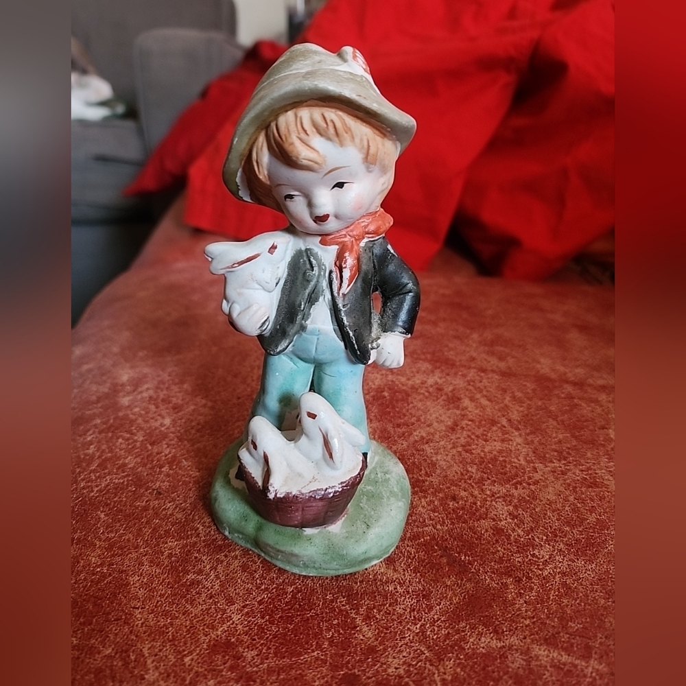 Vintage Boy Figurine Basket of Easter Bunny Rabbits 5" Ceramic 2.5in Wide